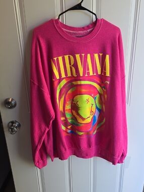 NIRVANA Hot Pink Graphic Crewneck with Neon Smile Logo